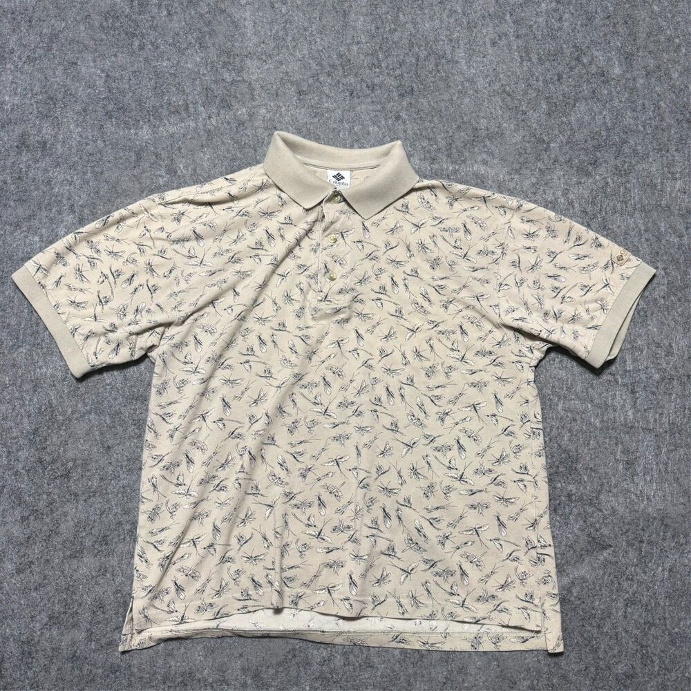 Vintage Columbia Sportswear Bug Insect Print Polo Shirt Mens Medium M Dragonfly